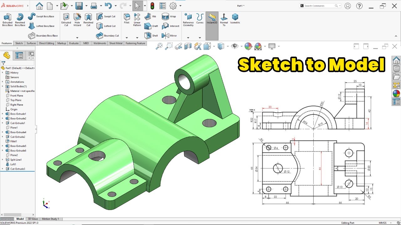 Упражнение SolidWorks: Точное моделирование по 2D-чертежу