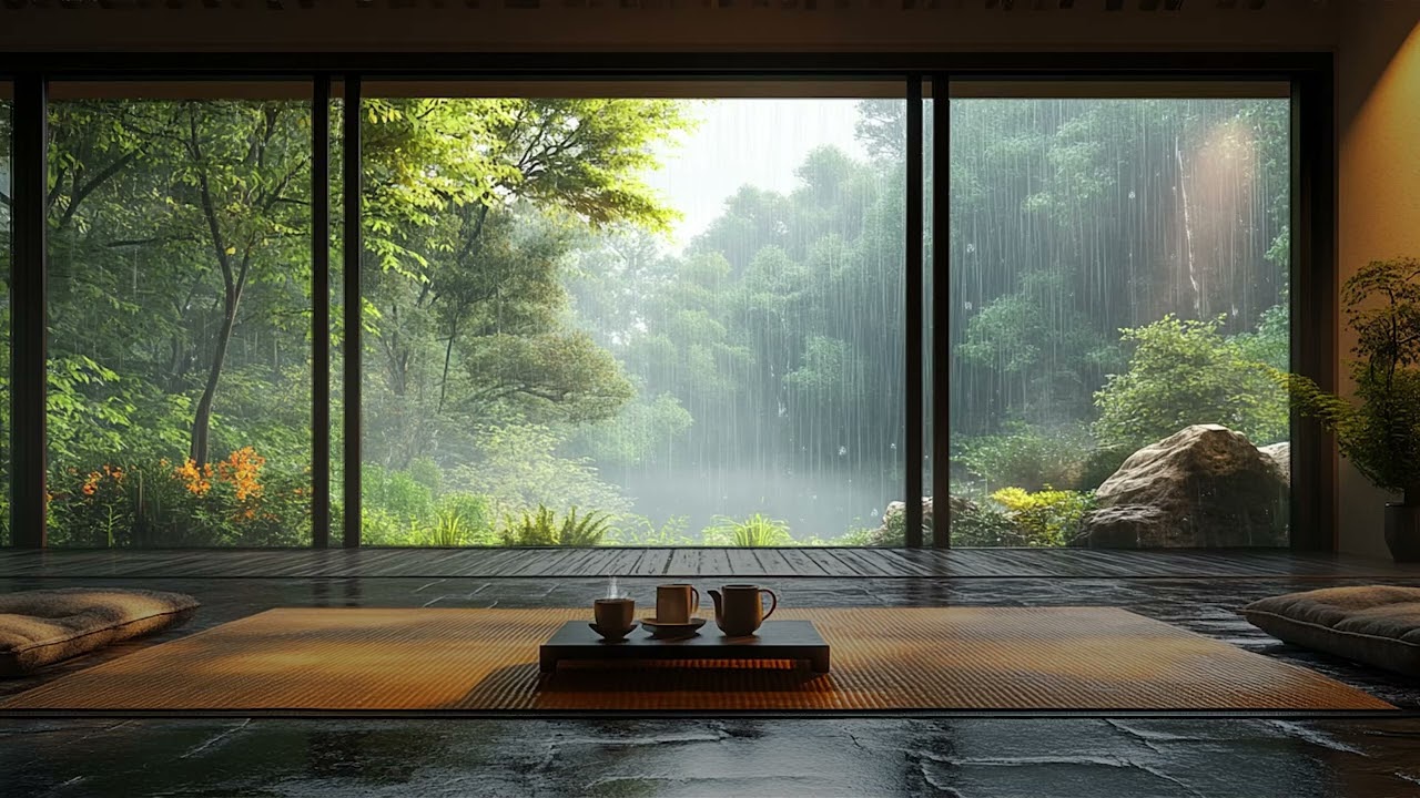 Healing Rain Retreat: Serenity with Warm Tea and Peaceful Ambience