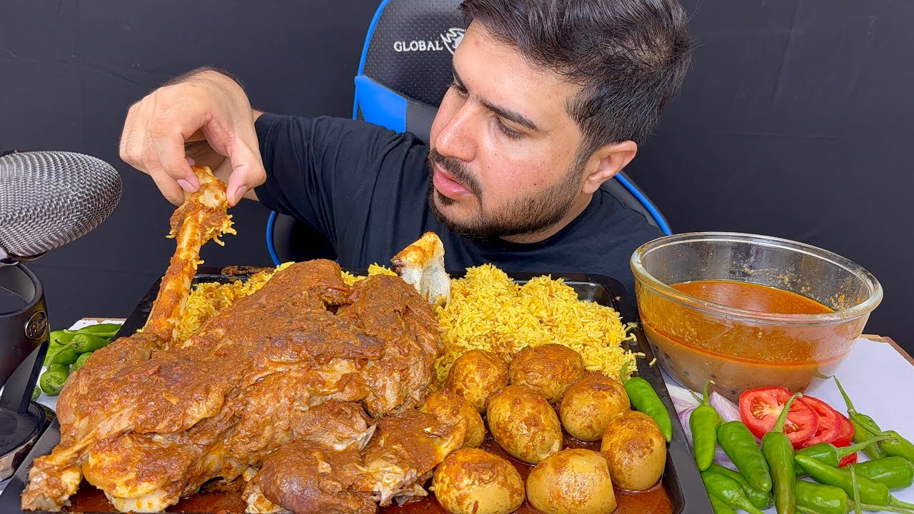 ASMR Eating Spicy Mutton Leg Curry Spicy Eggs Curry Msala Rice Extra Gravy Green Chili Salad Mukbang