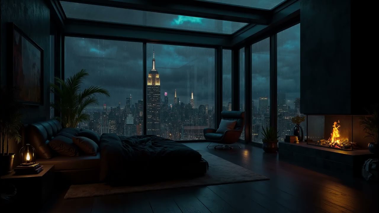 Peaceful Rainy Day at NYC Night🌧️Cozy Hotel With Soft Rain Sounds & Cozy Fireplace For Sleep, Relax