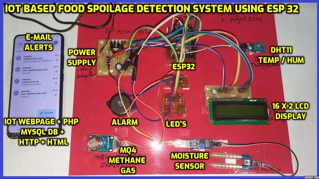 IoT Based Food Spoilage Detection System using ESP32 | DHT11 | MQ4 | Moisture Sensor | E-Mail Alerts