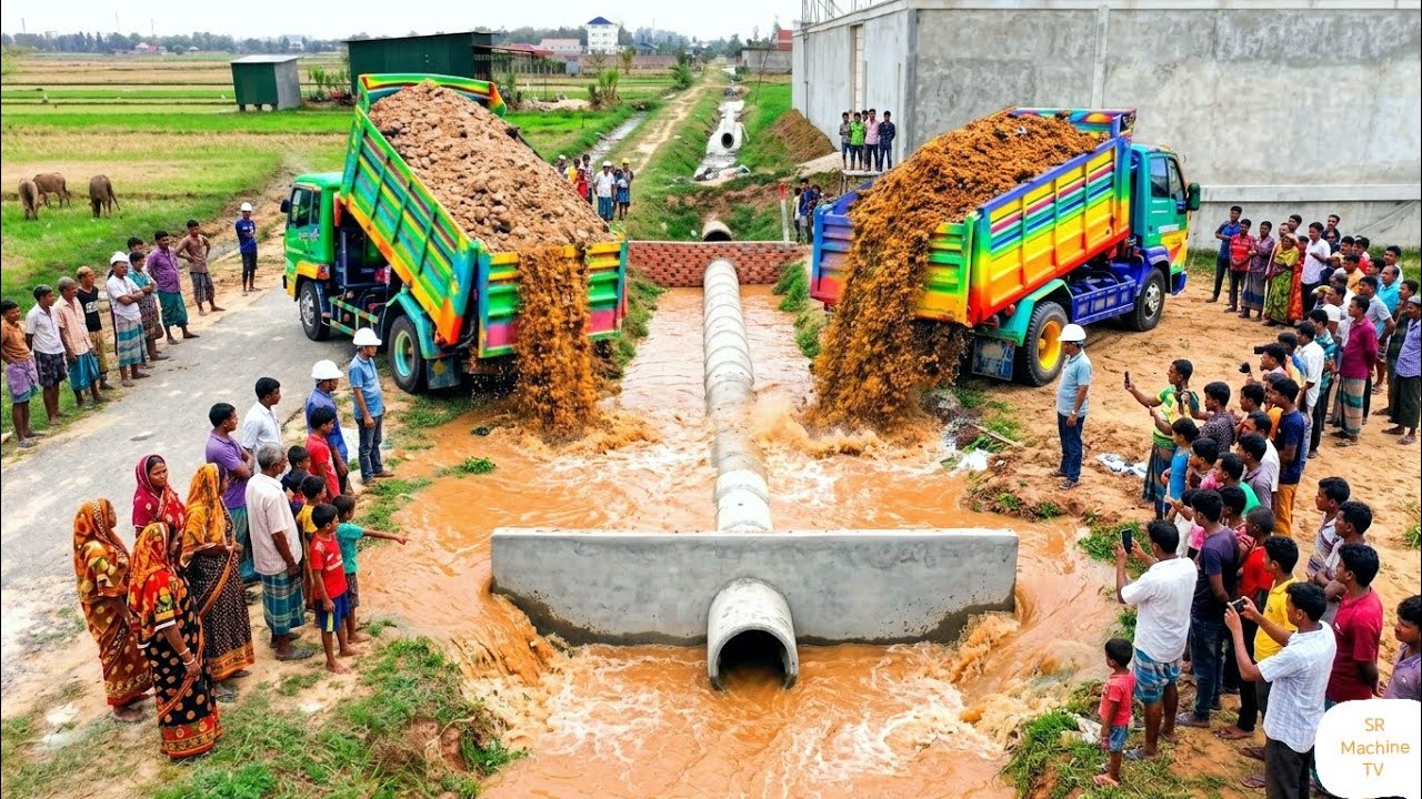 First Start Opening Delete Drainage Project! Dump Truck Unloading Soil & Bulldozer Pushing After