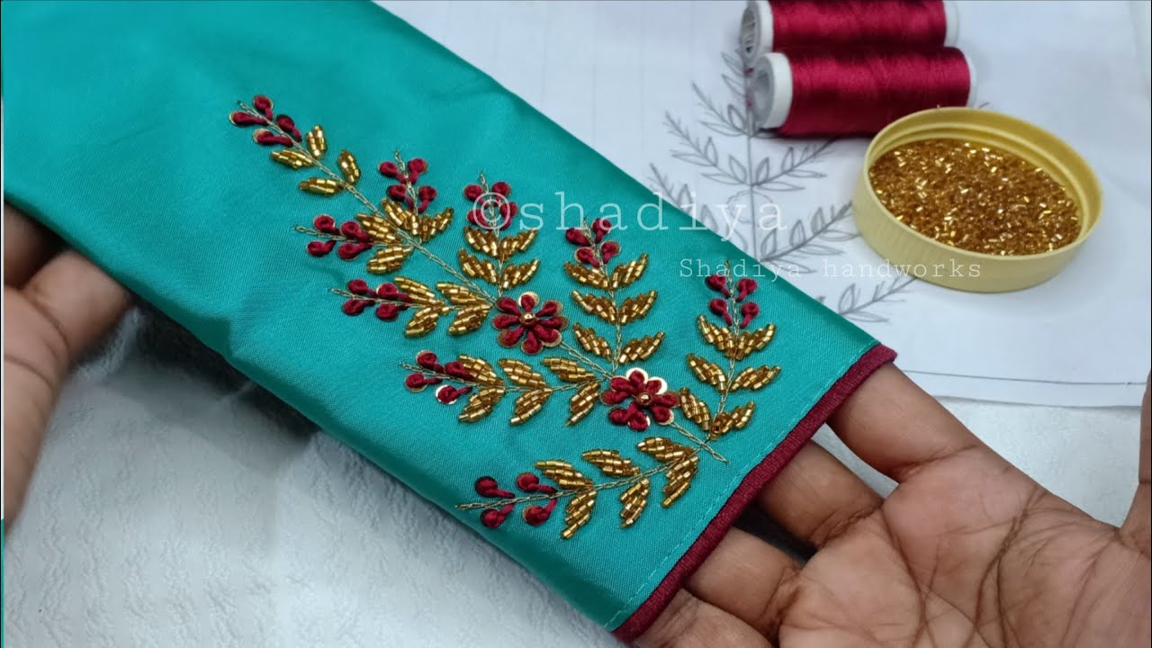 Simple look sleeve embroidery with silk thread work and beads 