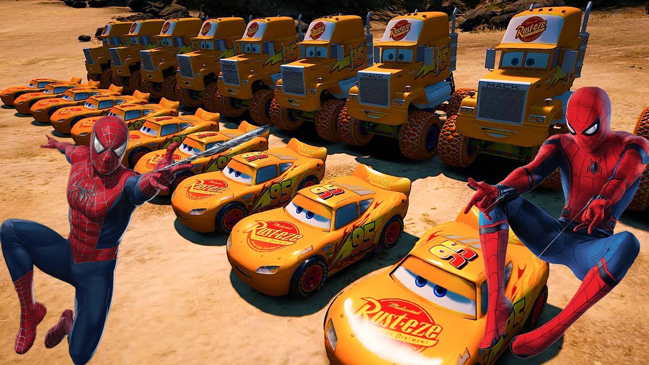 GTA 5 SPIDERMAN Cars Challenge Crazy Ragdolls Disney McQueen JacksonStorm & Cars with National Flags