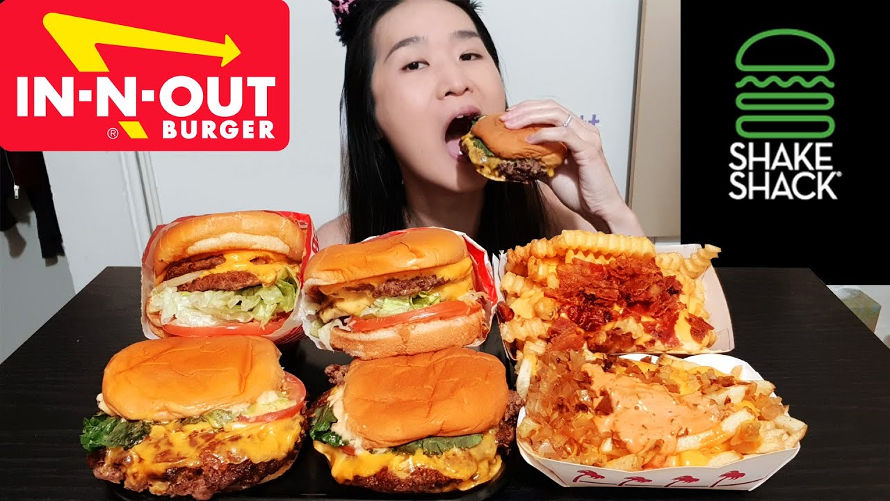 IN-N-OUT против Shake Shack Mukbang! Двойные чизбургеры, картофель фри с беконом и сыром и картоф...