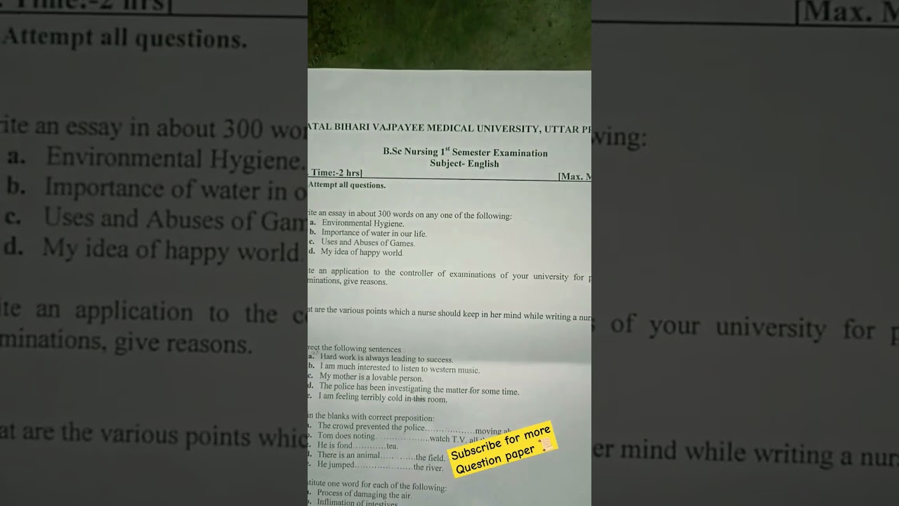 ABVMU BSC NURSING 1-semester 2024 English | Most Important | previous question paper.#abvmu #nursing