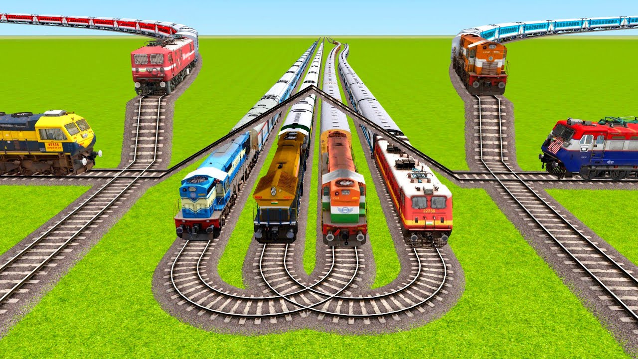 FOUR GLUED CURVED RAILROAD TRACKS TRAINS VS TWO FLYING RAILROAD CROSSING|▶️ Train simulator|