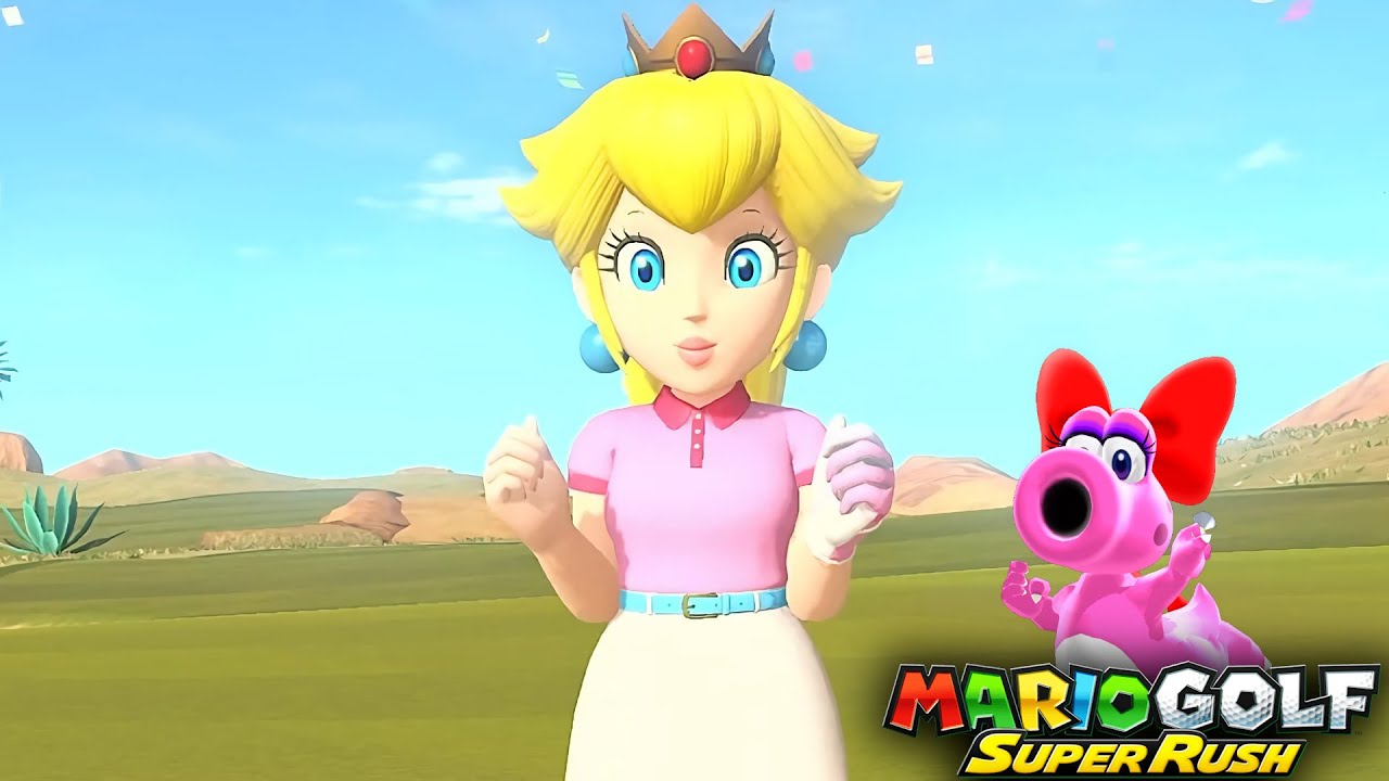 Mario Golf Super Rush Peach vs Luigi vs Toadette in Balmy Dunes