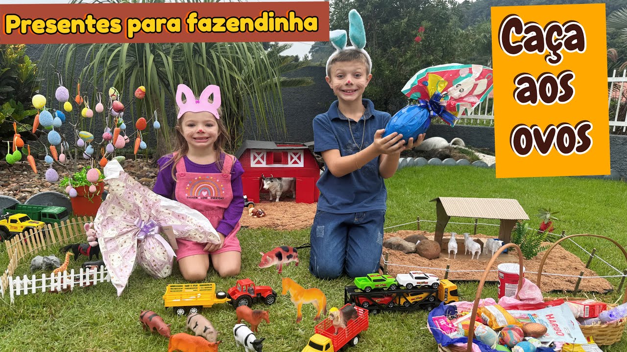 CAÇA aos OVOS e MUITOS PRESENTES para FAZENDINHA de brinquedo do MATHEUS E ISABELA. BOIS,CAVALO,VACA
