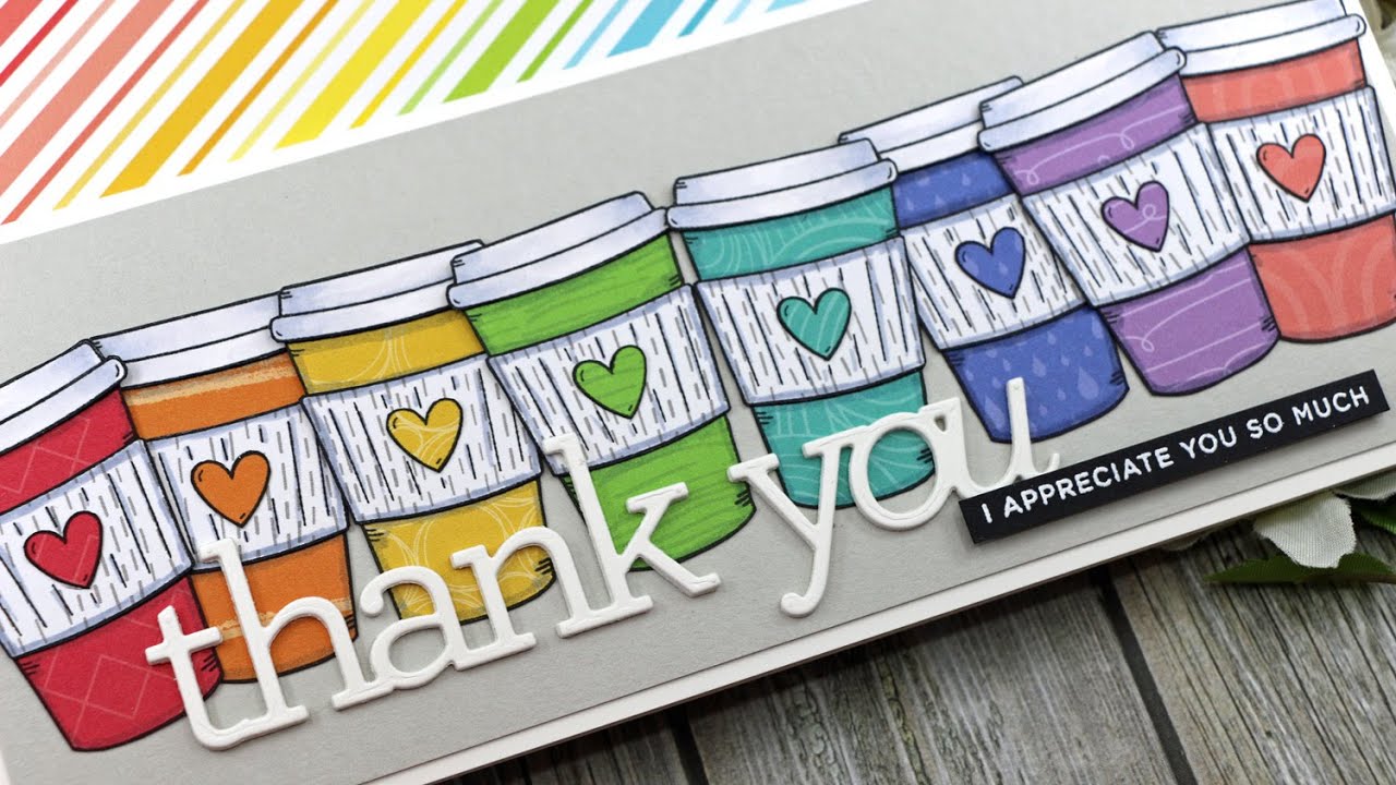 Rainbow of Coffee Cups Slimline Card | Paper Piecing