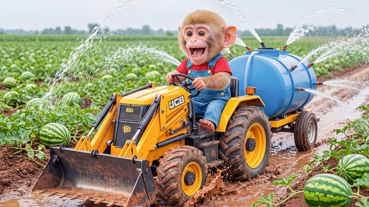 Monkey Nana Uses JCB to Water the Watermelon Field… Then Something Unexpected Happens! 😱🍉🚜