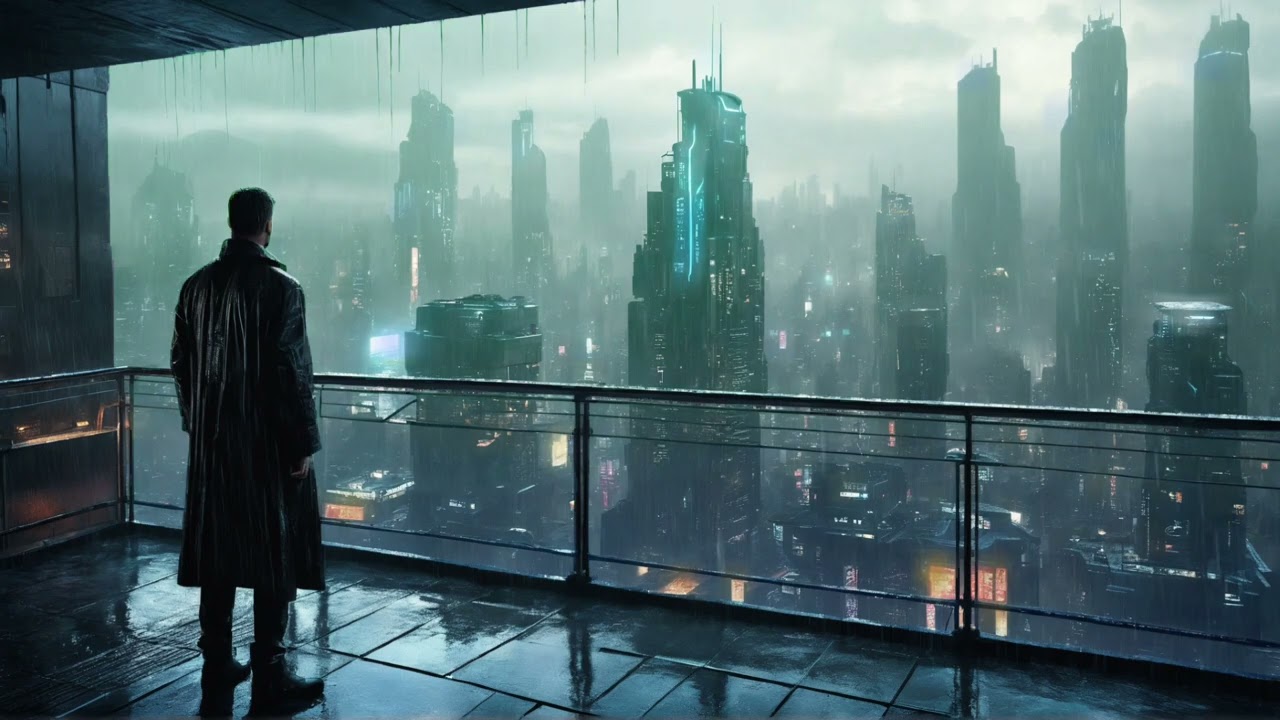 [1 hour] Blade Runner vibes and ambient music. A man looking down on a rainy city from a skyscraper.