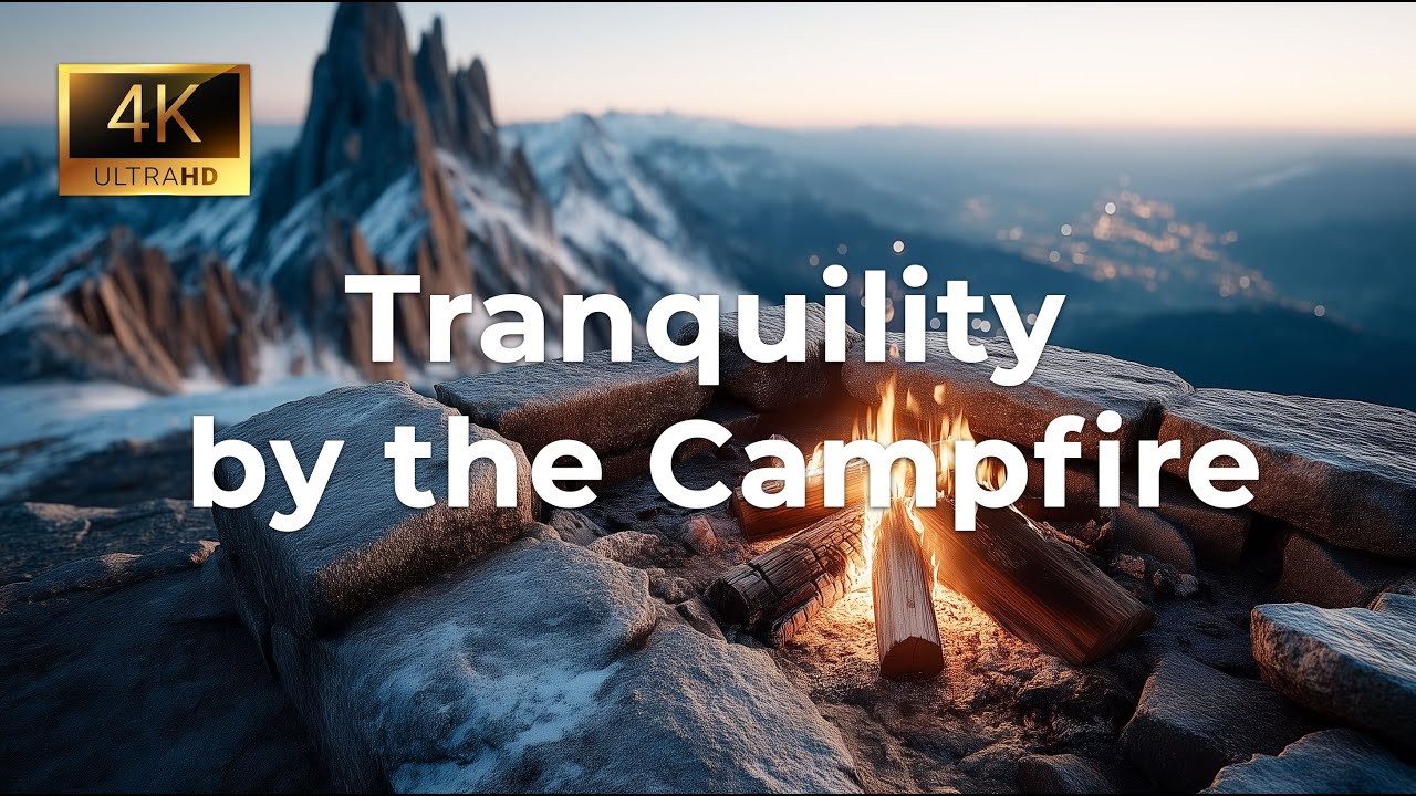 Atmospheric video for relaxation | Campfire in the mountains 4K - Sounds of a campfire and wind.