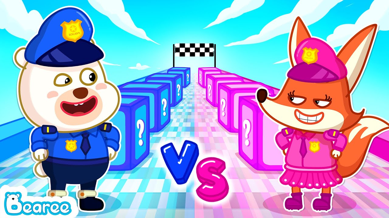 Bearee Tales 🐾 Pink Police Girl vs Blue Police Boy Playing Lucky Block Race | Police Kids Cartoon