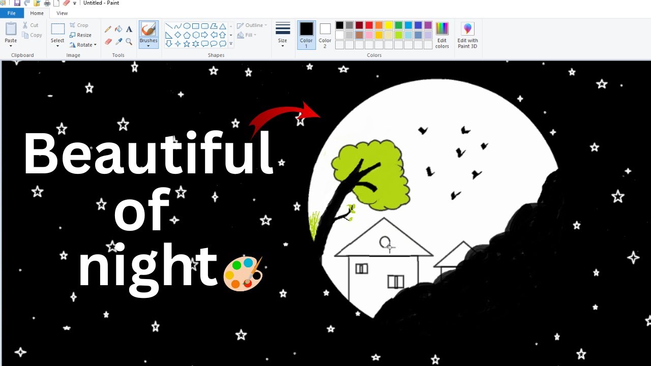 Beautiful night of memories scenery💭🥰#How to draw, 🎨Ms paint.
