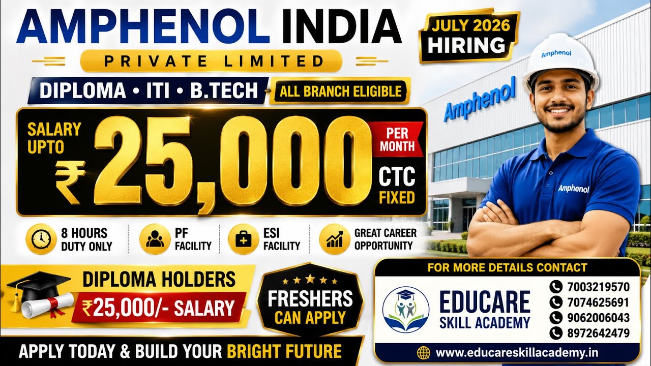 Amphenol India Pvt Ltd Hiring 2026 | ITI, Diploma & B.Tech Freshers Jobs | Salary ₹25,000 CTC