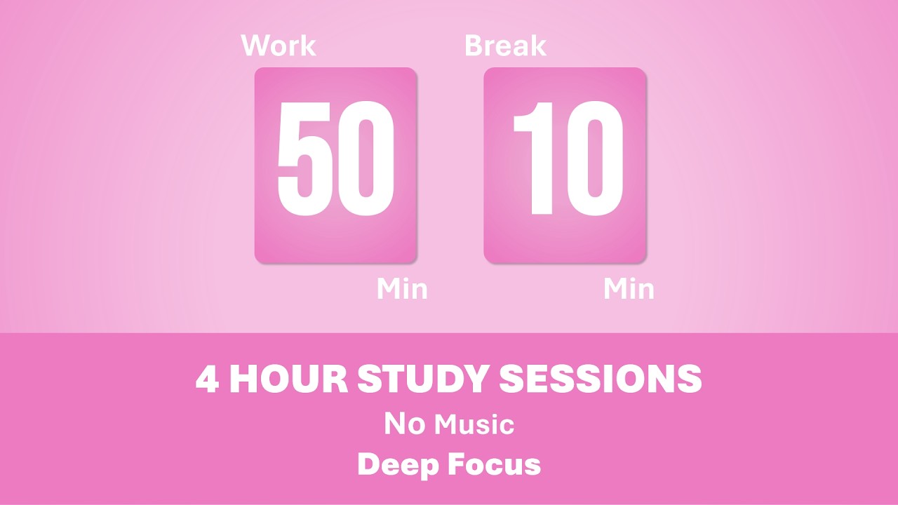 50/10 Pomodoro Timer 🩷 4 Hours study | No music | Relax & Deep focus | Aesthetic Timer