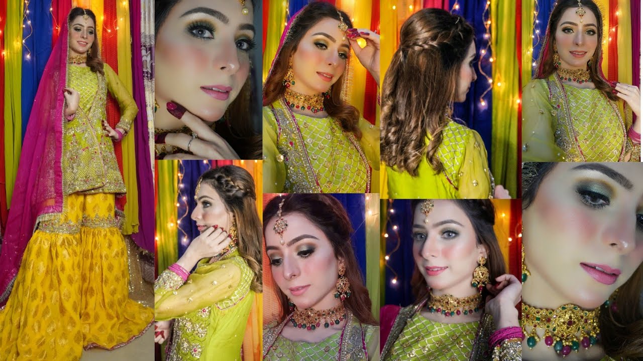 Mehndi Makeup and Hairstyle Tutorial Step by step|Full Dress Details