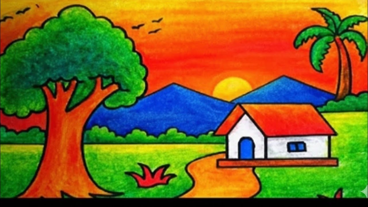 beautiful village scenery drawing with oil pastel color | How to draw scenery of River side Village
