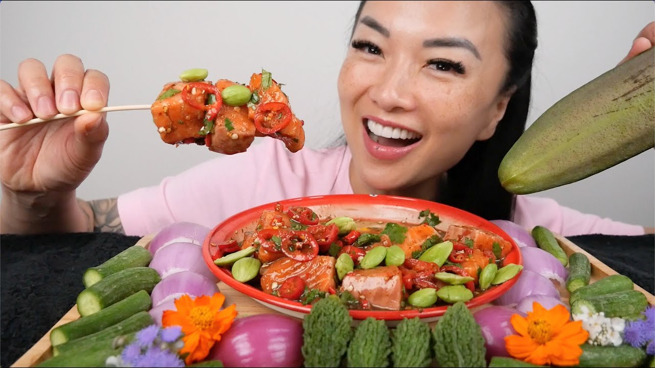 EASY SALMON SASHIMI SALAD (ASMR EATING SOND) NO TALKING | SAS-ASMR