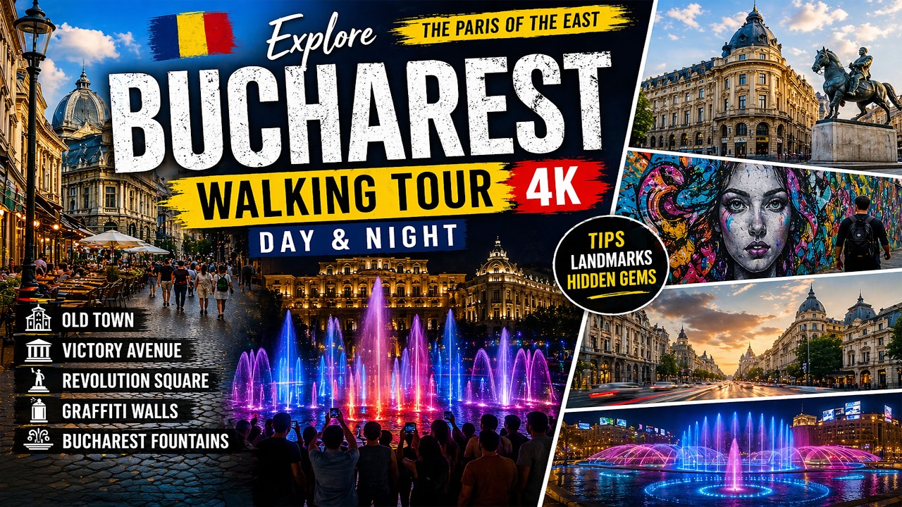 Bucharest, Romania Night & Day Walking Tour  in Old Town 4K
