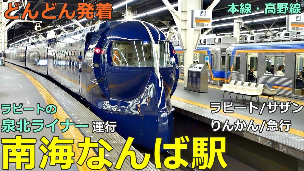 南海なんば駅 (本線・高野線) 2🚃どんどん電車が発着！●ラピート車両の「泉北ライナー」／ラピート、りんかん、サザン、空港急行 等（夕方ラッシュ）