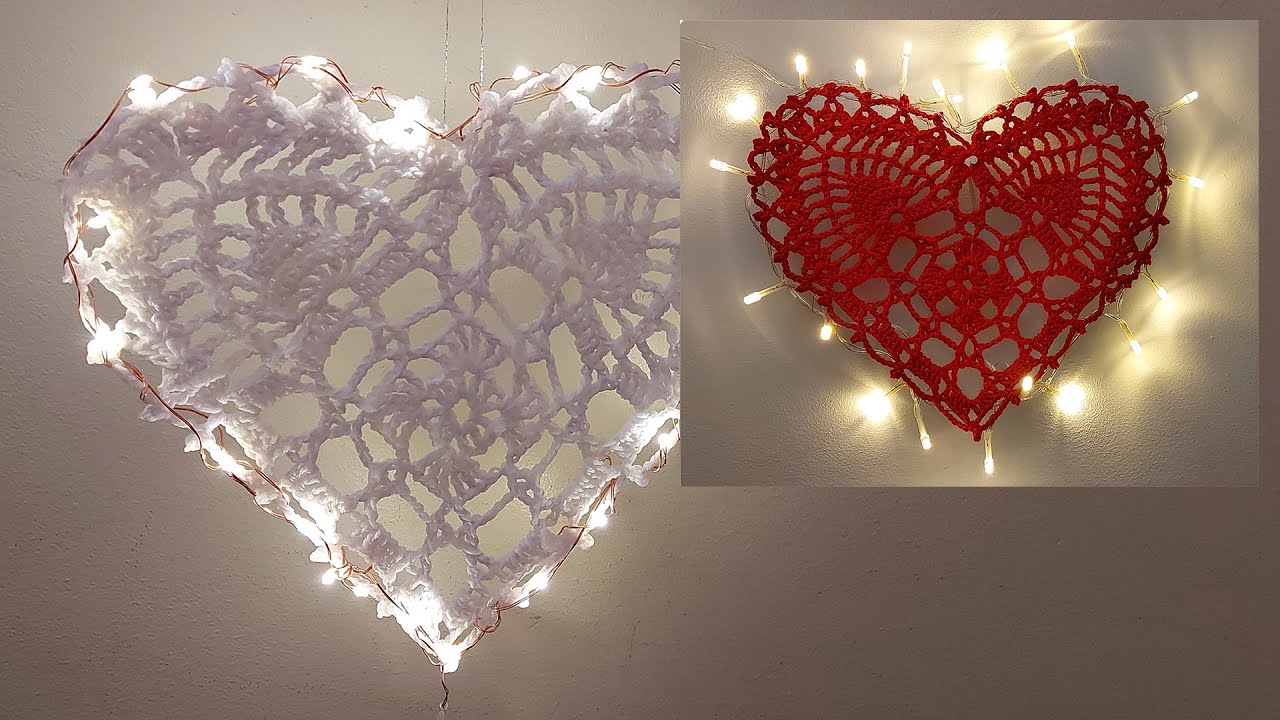 Crochet lace heart decoration with lights