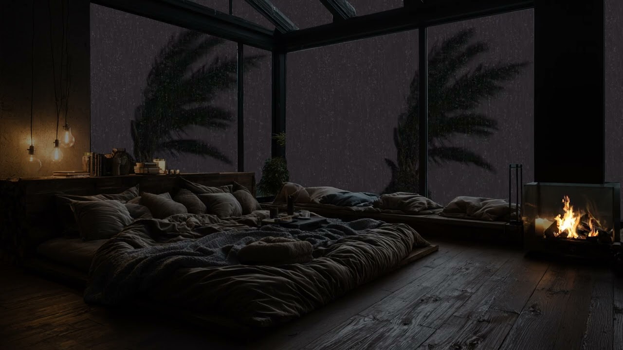 Tranquil Cabin Night with Rainfall and Fireplace | Sleep Ambience for Peaceful Minds