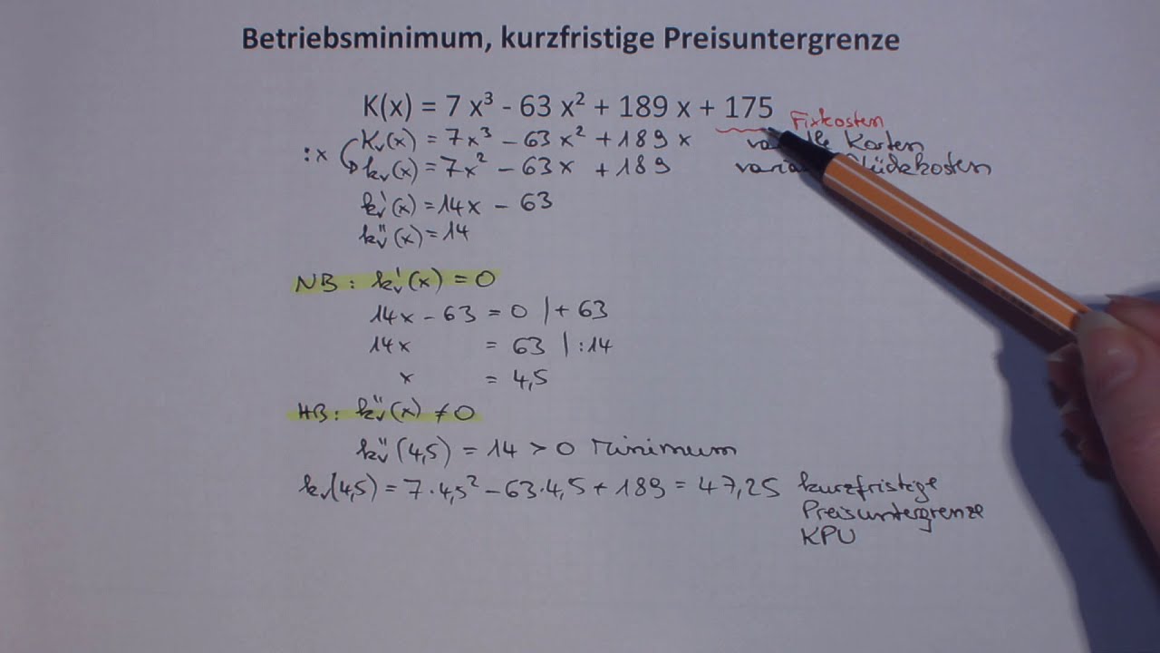 Betriebsminimum, kurzfristige Preisuntergrenze