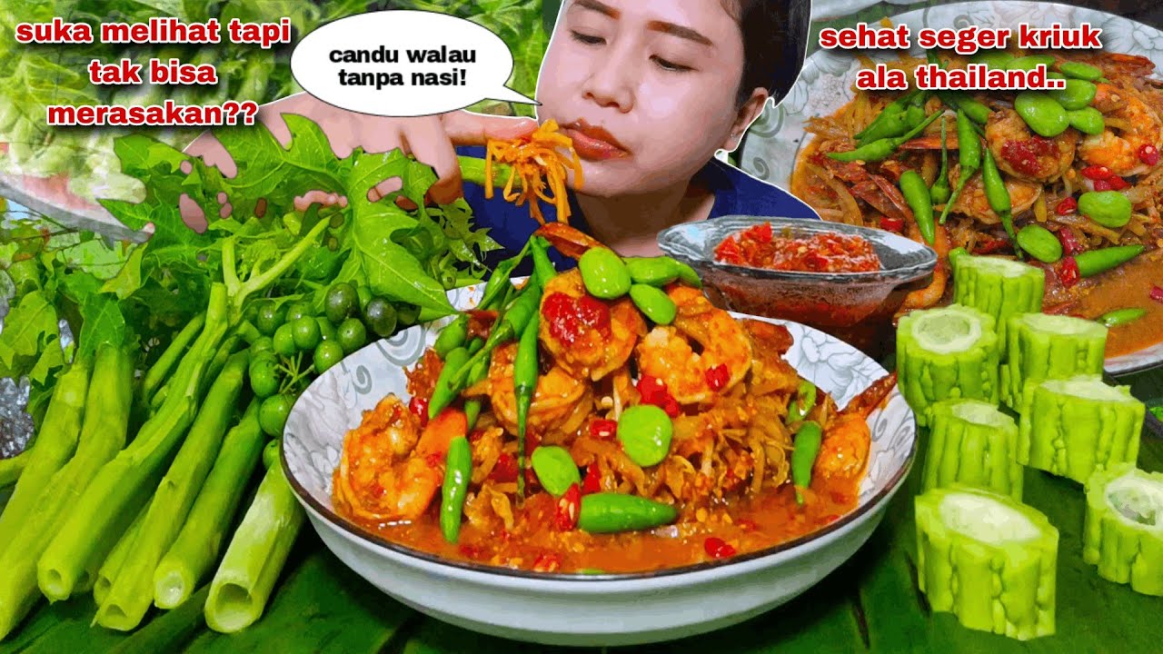 KURANGI KARBO⁉️ MAKAN LALAPAN BATANG PEPAYA MENTAH SOMTAM PEDAS THAILAND PARE DAN SAMBAL