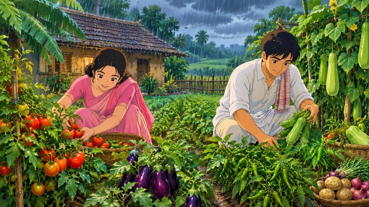 1990s Indian Village Life ❤️ | Rainy Day Vegetable Harvest & Fish Curry | Ghibli Style #hype