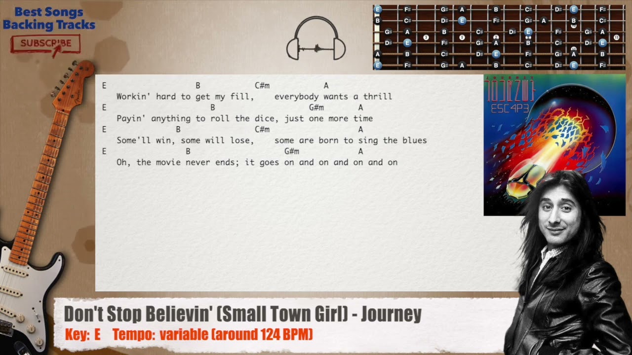 🎸 Don't Stop Believin' (Small Town Girl) - Journey Guitar Backing Track with chords and lyrics