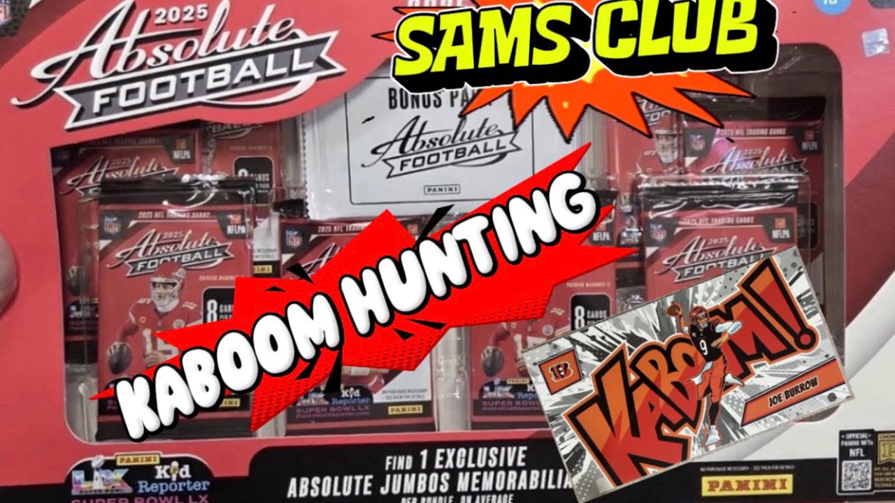 KABOOM  HUNTING 2025 SAMS CLUB PANINI ABSOLUTE FOOTBALL BOXS. FIRST REVIEW/RIP x3 