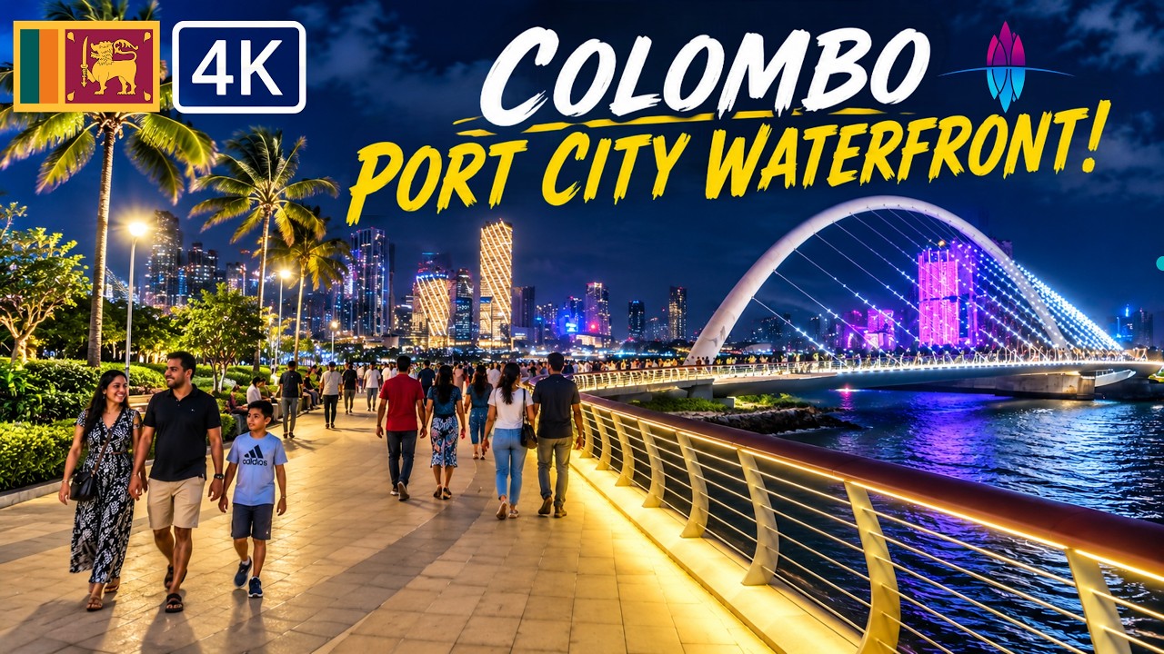 [4K HDR] 🇱🇰 Colombo PORT CITY Waterfront Night Walk 🌉 | Illuminated Foot Bridge & Galle Face Skyline