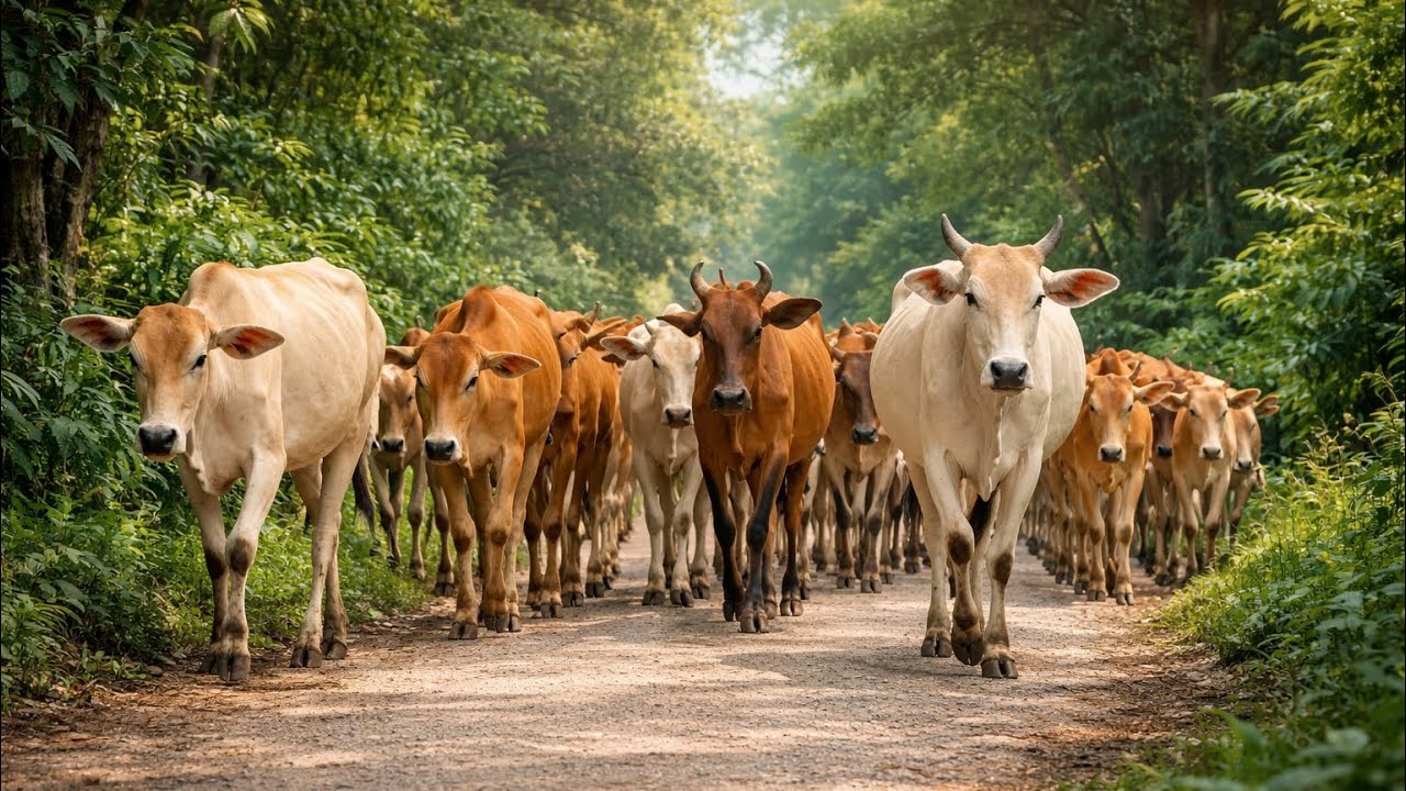 Joyful Cattle Parade! Dozens of Cows Dancing and Walking Gracefully in a Beautiful Green Village