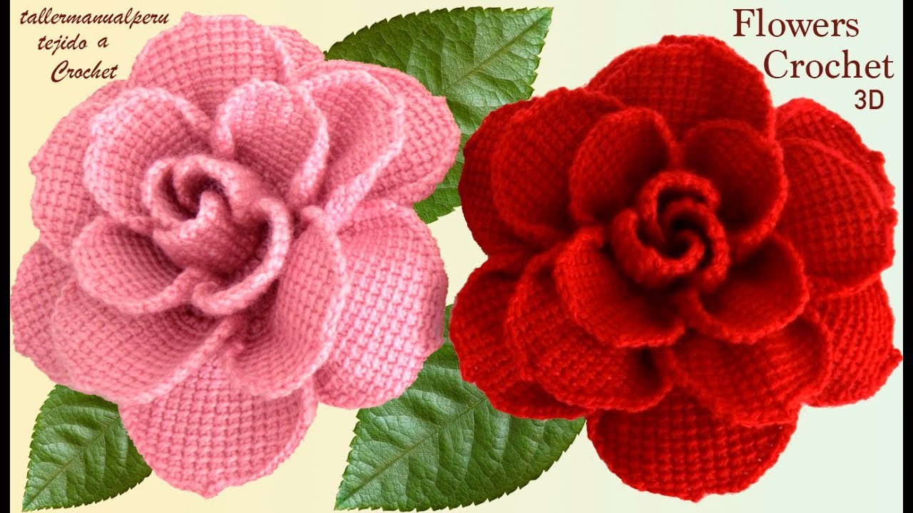 Como hacer flores rosas grandes en 3D a Crochet paso a paso tejido tallermanualperu