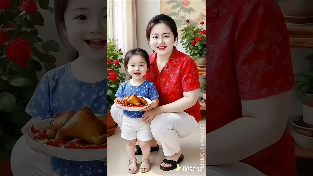Beautiful Mom Teaches Cute Baby to Share Stewed Meat