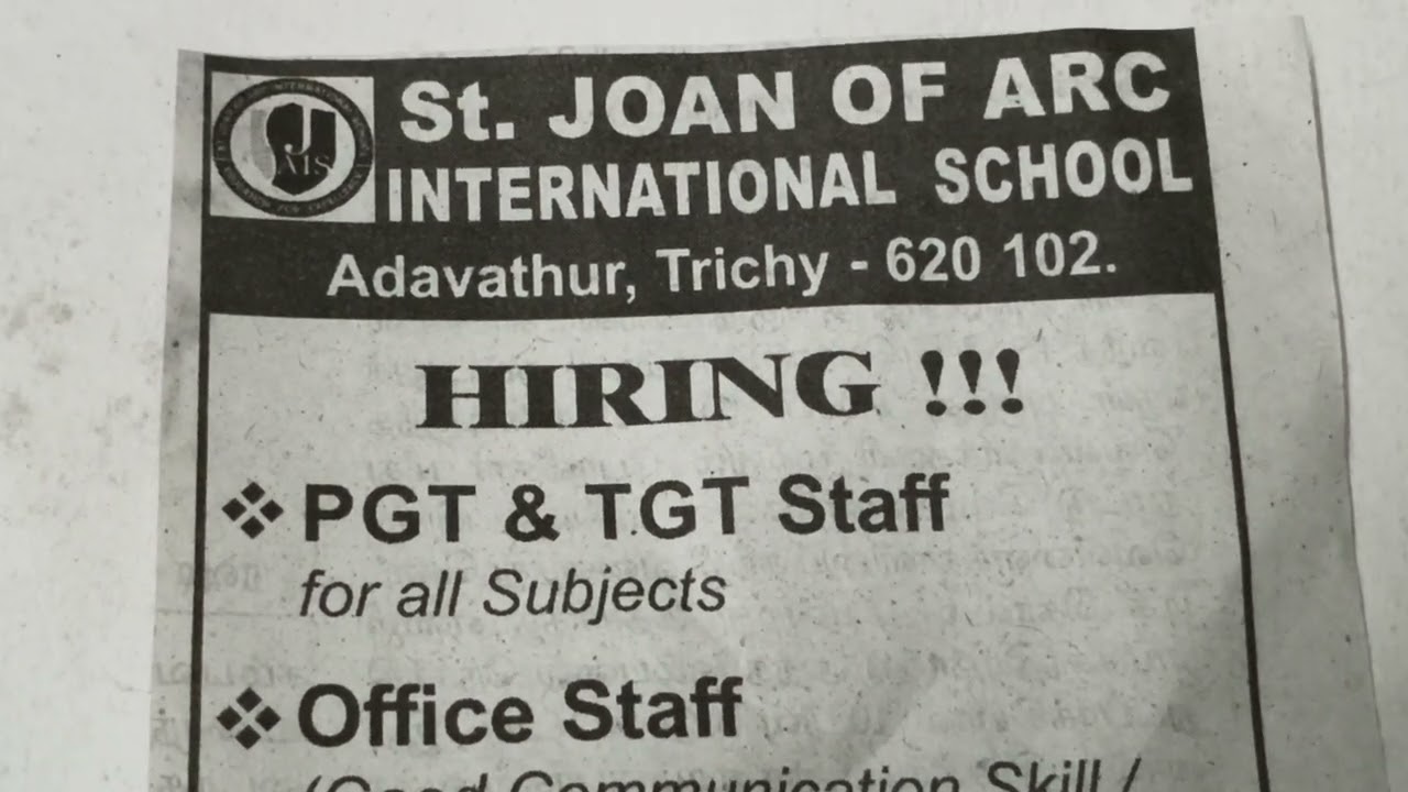 ST,JOAN OF ARC INTERNATIONAL SCHOOL, TRICHY, JOB OPPORTUNITIES,