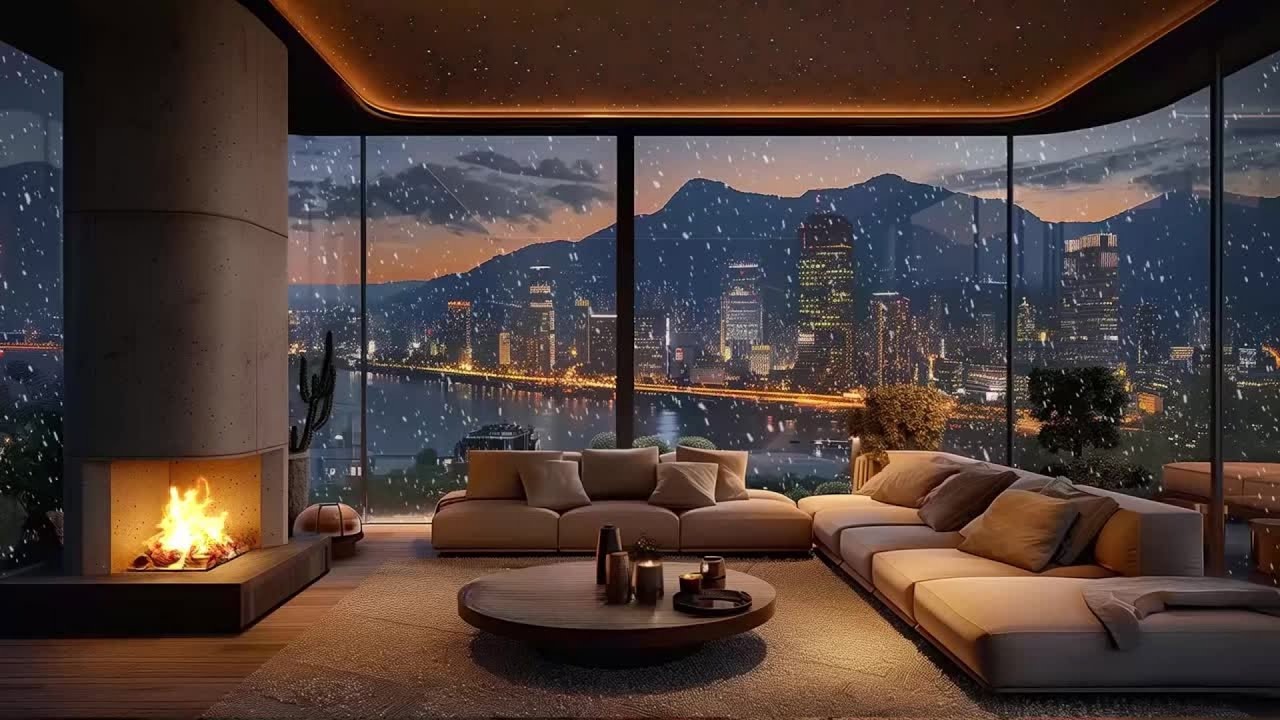 Cozy Luxury City View Penthouse 🔥 Fireplace Glow & Snowy Night Ambience | Sleep Live Stream