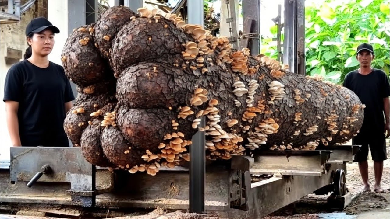 A century-old giant mahogany tree completely transformed: precision cutting at a lumber mill.