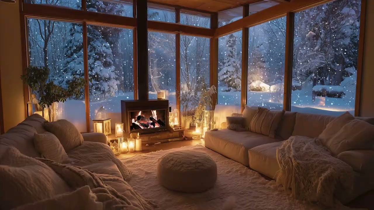 Snowy Night Cabin with Fireplace 🎷 Warm Jazz & Winter Ambience for Deep Sleep