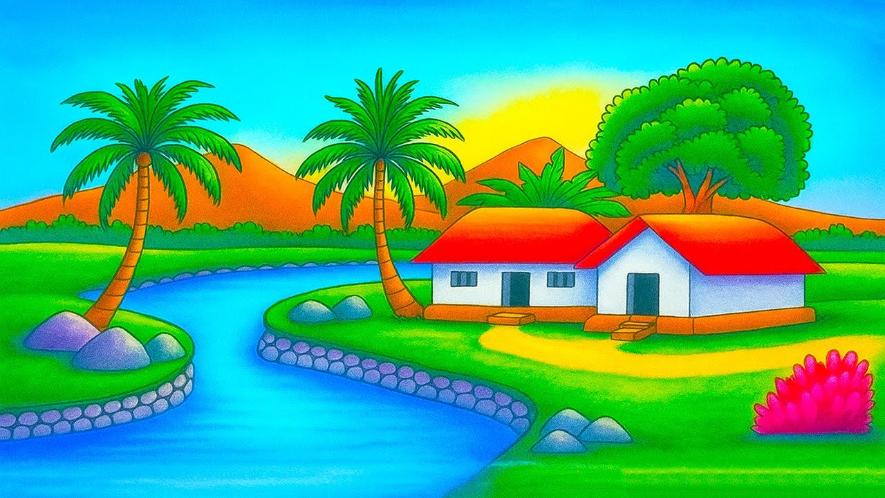 How to Draw a Beautiful Mountain Riverside Landscape Village Scenery with Oil Pastels | Step by Step