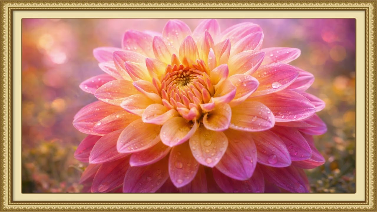 Dew-kissed dahlia in soft light | Ambient Art Displays | 4k screensaver