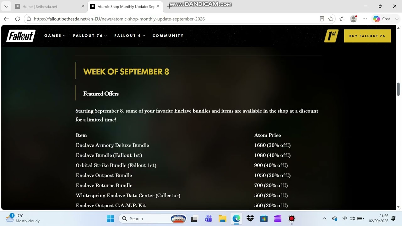 Atom shop in Fallout 76 September 26