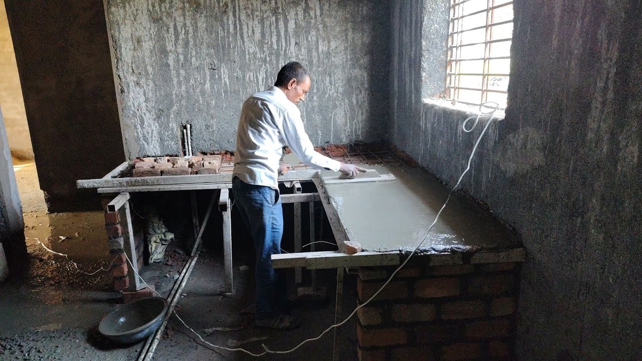 Kichen table installation - reinforcement kichen slabe  on perfectly using by sand and cement #किचन 