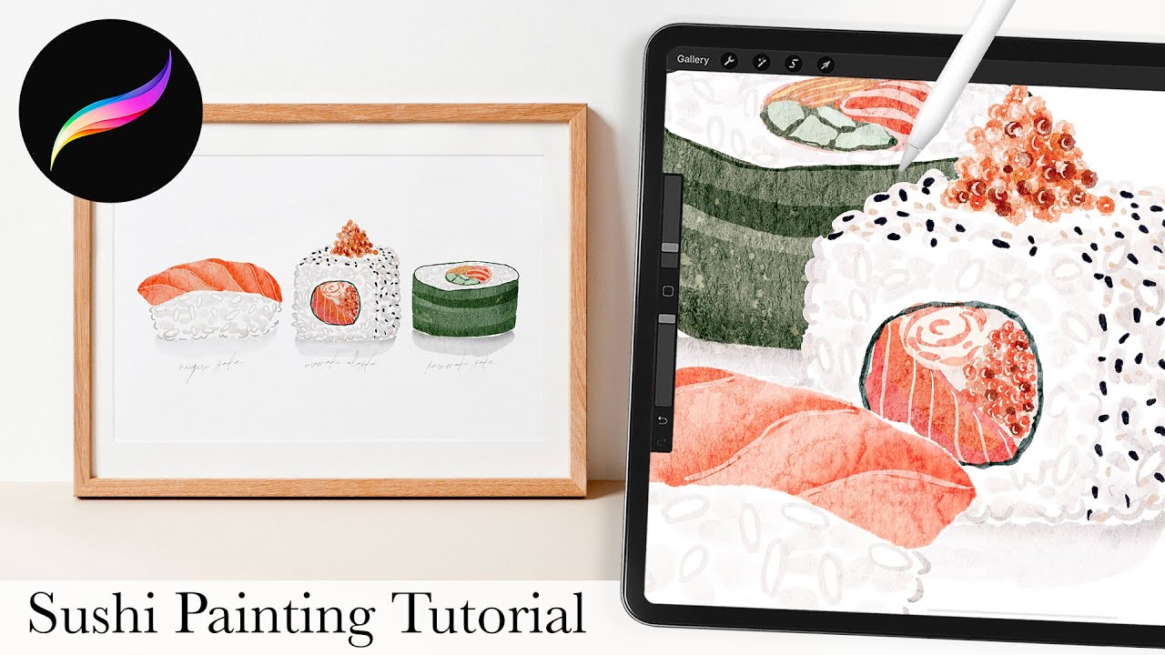 How to paint watercolor sushi in Procreate // Cute loose Watercolor sashimi illustration