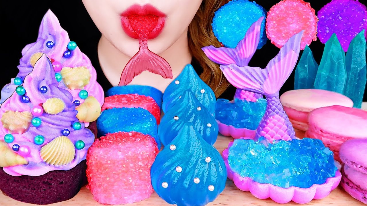 ASMR EDIBLE MERMAID CAKE, WATER DROP JELLY, CANDY MARSHMALLOW 바다 먹방 EATING SOUNDS MUKBANG 咀嚼音
