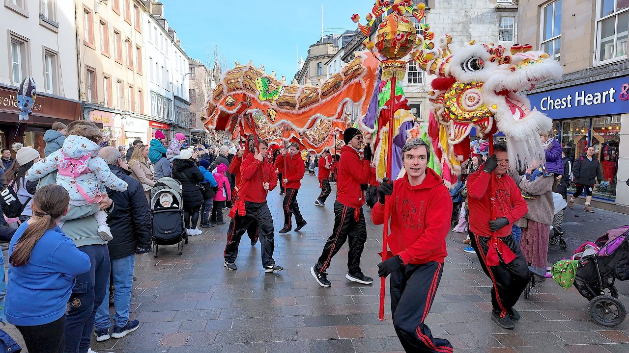 2026 Chinese Lunar New Year celebrations with colourful dragon & lions in parade at Perth, Scotland