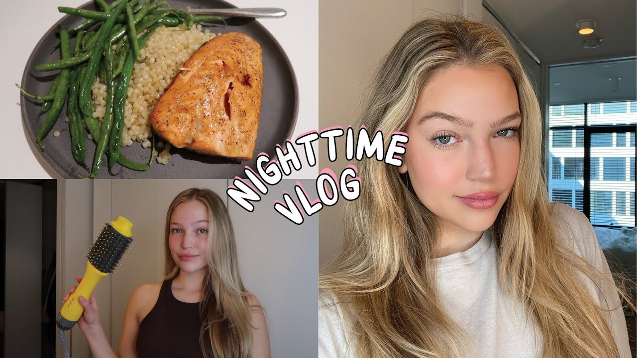 night vlog: air fryer salmon recipe, blowout routine + working out | maddie cidlik