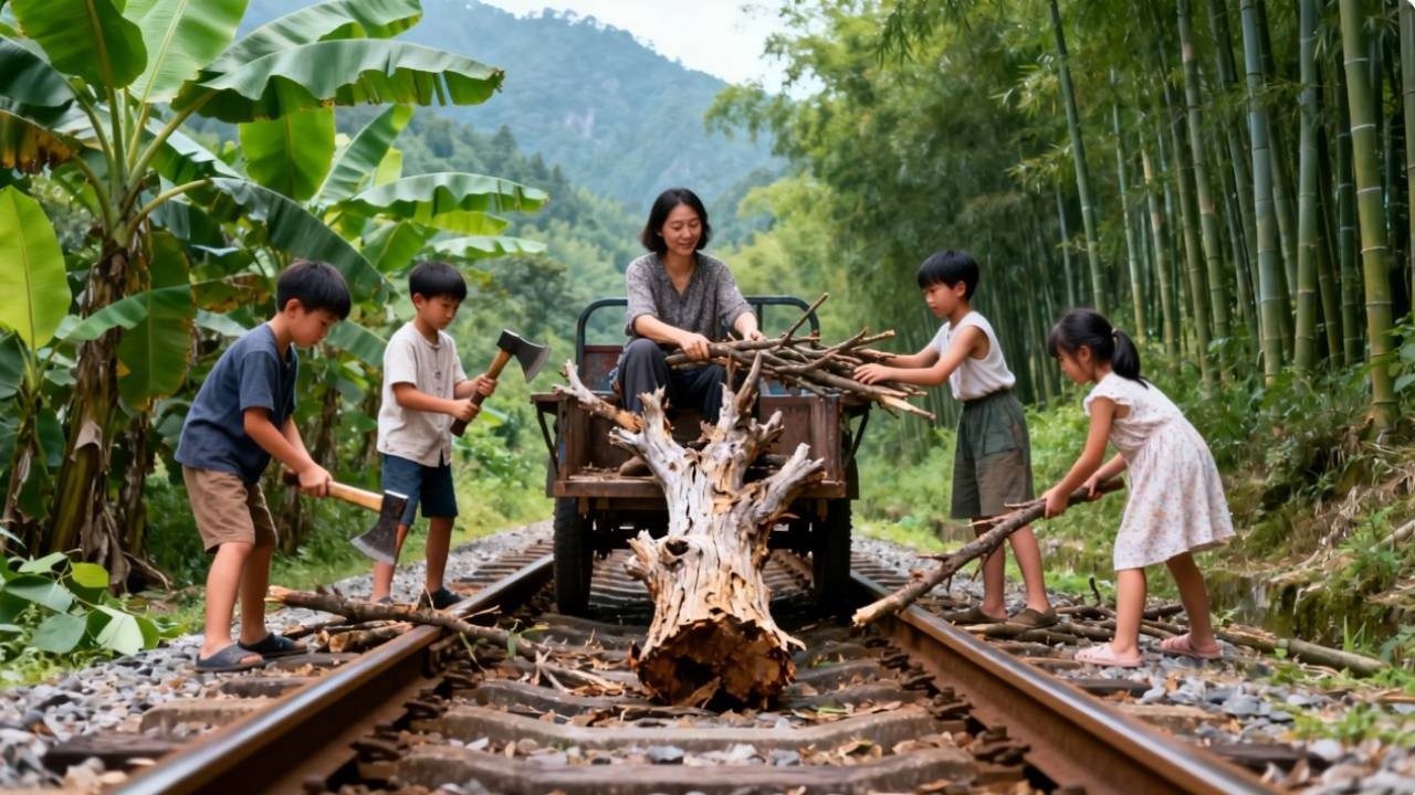 【一家七口隐居深山】妈妈和孩子在集市卖木瓜，回家路上在铁道旁捡了一条长长的柴，顺手和孩子劈柴火带回家！#农村生活#vlog#山居生活